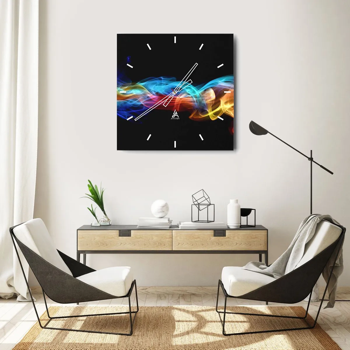 Relógio de parede - Relógio em vidro - Dança da névoa em arco-íris - 30x30 cm