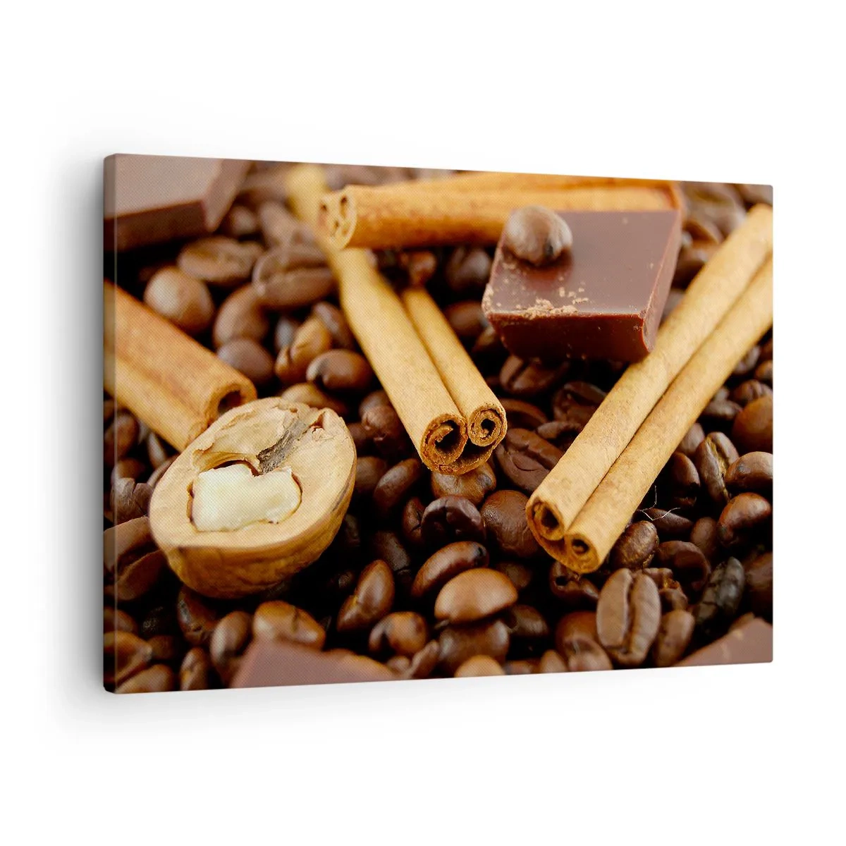 Quadro em tela - Grãos de café com paus de canela, chocolate e nozes. - 70x50cm - Concerto de aromas - Decoração de parede moderna para a sala de estar e quarto ARTTOR