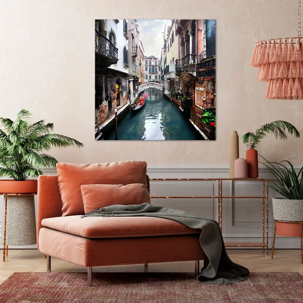 Quadro em tela - Paisagem veneziana com gôndola e ponte - 40x40 cm