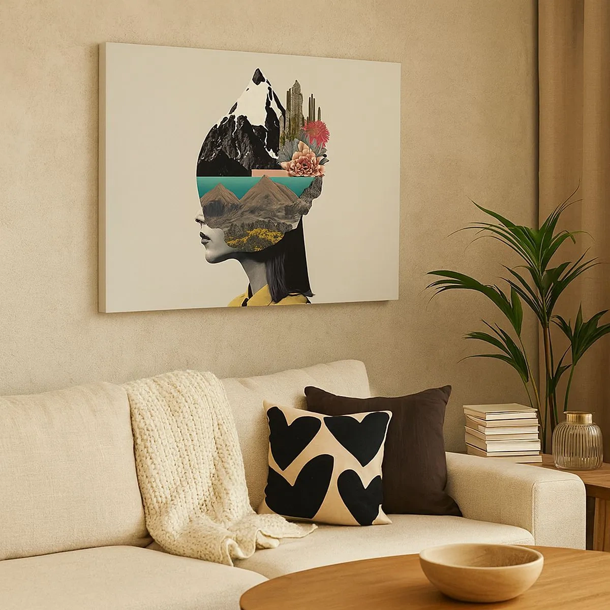 Quadro em tela - Colagem de uma mulher com uma paisagem de montanha e flores - 70x50cm - Mulher – sempre um mistério - Decoração de parede moderna para a sala de estar e quarto ARTTOR