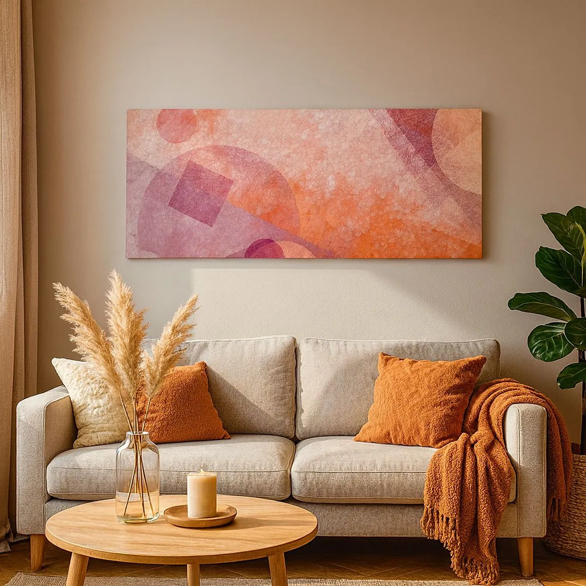 Quadro em tela - Transformações geométricas em rosa - 100x40 cm