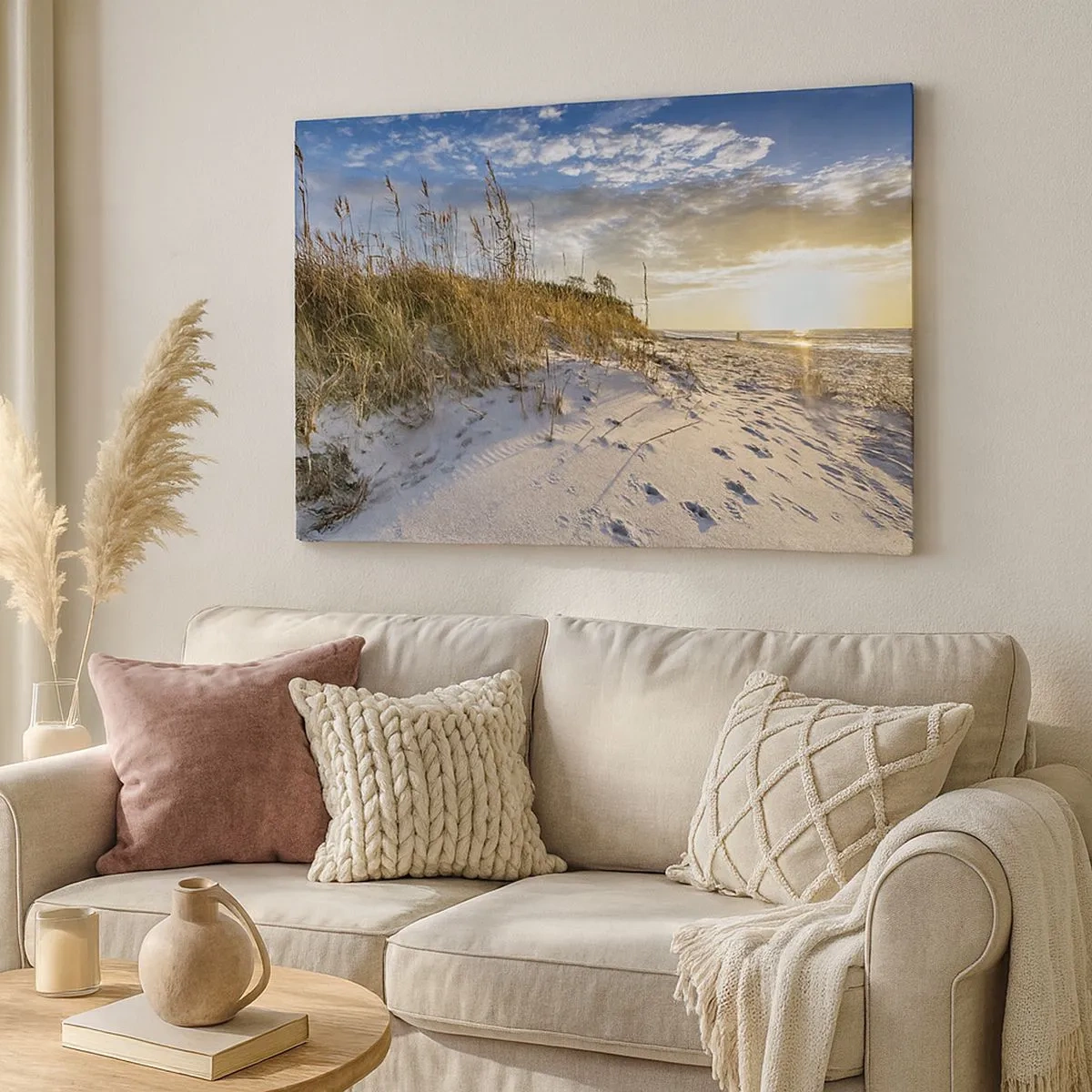 Quadro em tela - Dunas com grama e pegadas na areia ao pôr do sol - 70x50cm - Um convite para um passeio - Decoração de parede moderna para a sala de estar e quarto ARTTOR