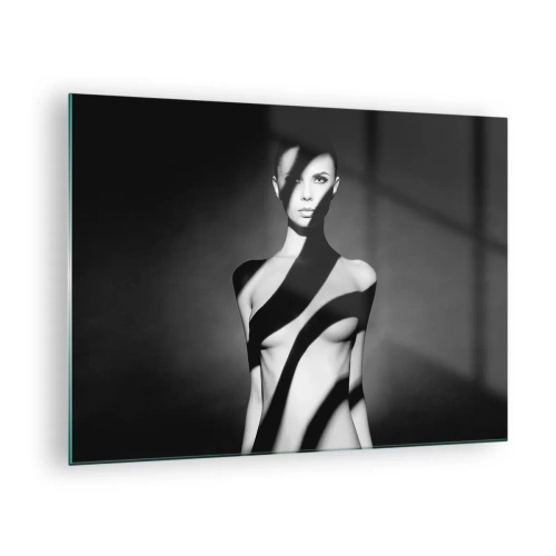 Quadro em vidro - Retrato em preto e branco de uma mulher com sombras marcantes - 70x50cm - No brilho e na sombra - Decoração de parede moderna para a sala de estar e quarto ARTTOR