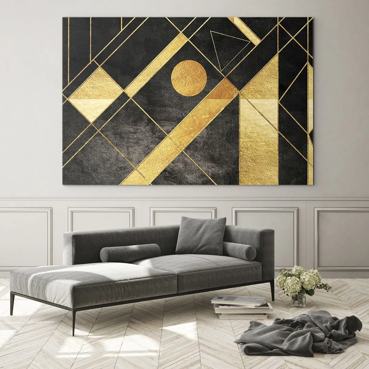 Quadro em vidro - Padrões geométricos dourados em um fundo preto - 70x50cm - Sol do Deserto - Decoração de parede moderna para a sala de estar e quarto ARTTOR