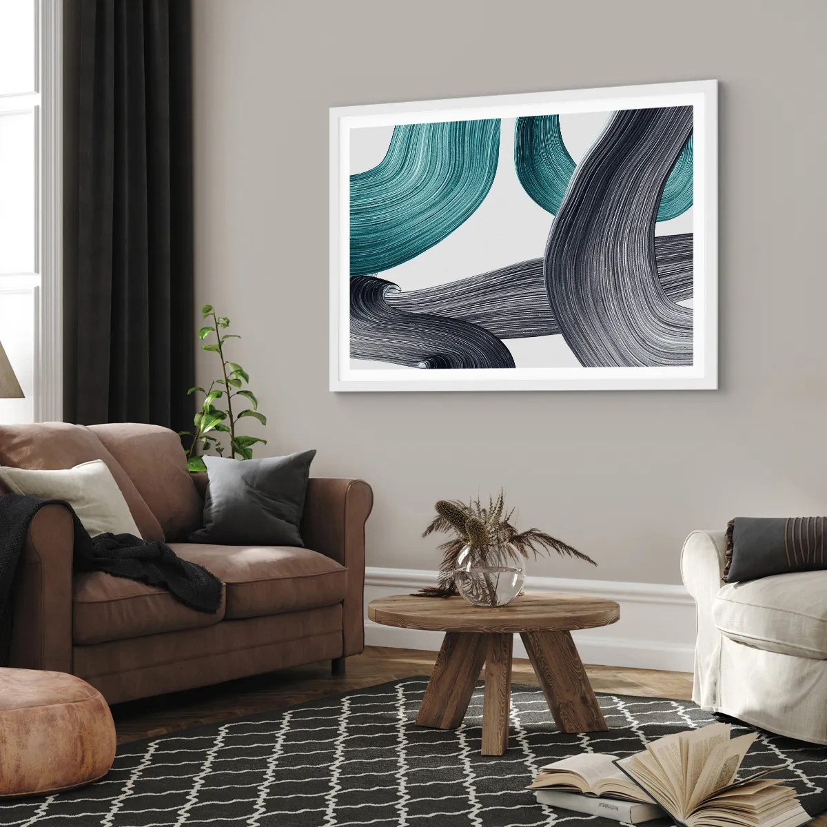 Pôster em moldura branca - Trilhas esmeralda e preta - 91x61 cm