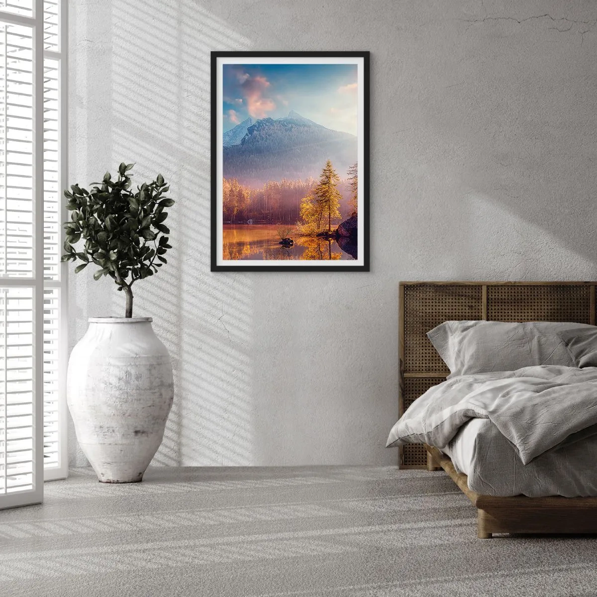 Pôster com moldura preta - Paisagem montanhosa de outono com reflexo no lago - 50x70cm - Nas montanhas e vales - Decoração de parede moderna para a sala de estar e quarto ARTTOR