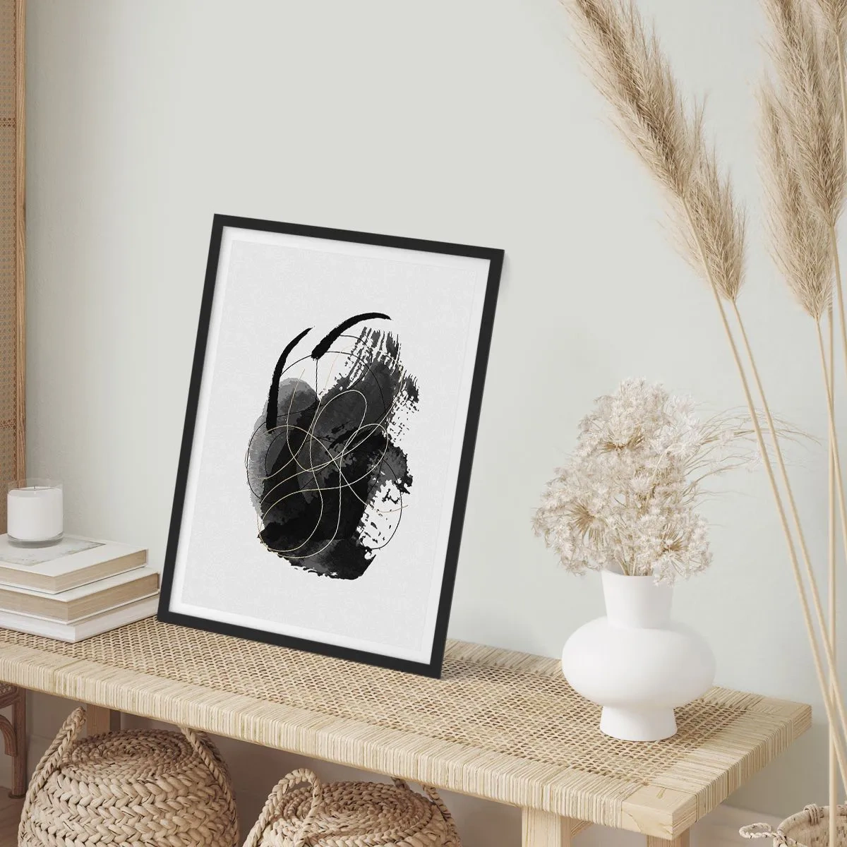 Pôster com moldura preta - Uma composição abstrata em preto com delicadas linhas douradas. - 50x70cm - Emergido do preto - Decoração de parede moderna para a sala de estar e quarto ARTTOR