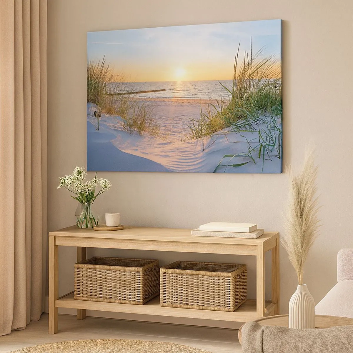 Quadro em tela - Uma praia de areia com vista para o pôr do sol sobre o mar - 70x50cm - O som do mar, o canto dos pássaros, a praia selvagem entre a relva... - Decoração de parede moderna para a sala de estar e quarto ARTTOR