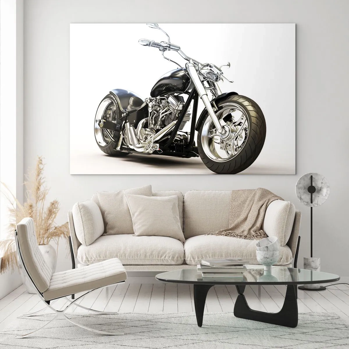 Quadro em vidro - Uma motocicleta chopper preta em um fundo claro - 70x50cm - Força com caráter - Decoração de parede moderna para a sala de estar e quarto ARTTOR