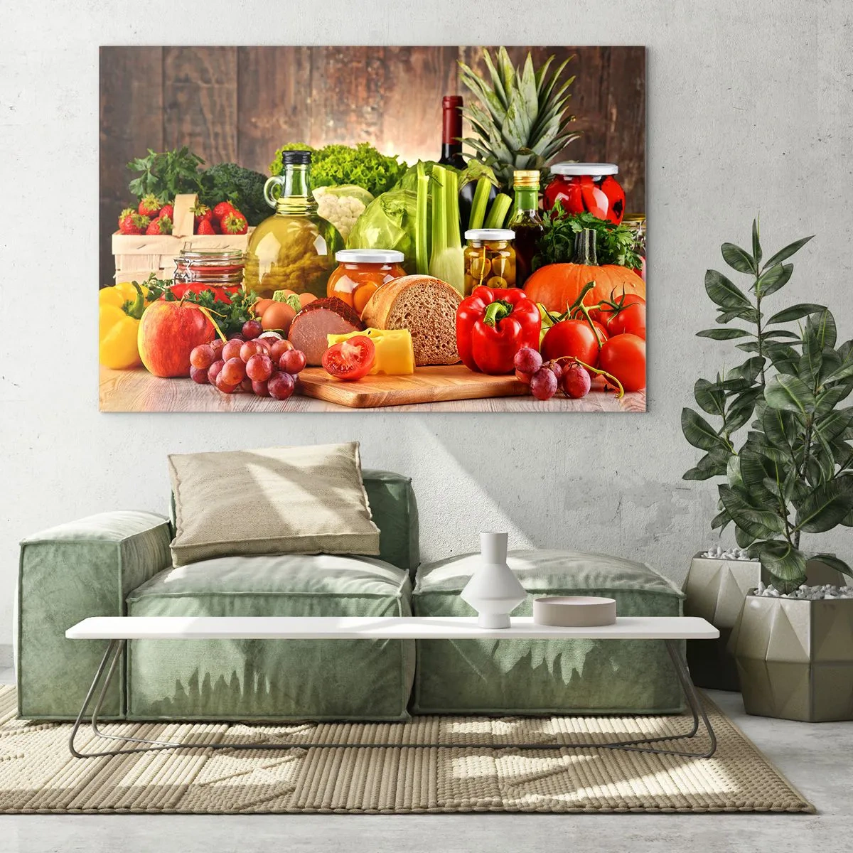 Quadro em vidro - Legumes coloridos, frutas, pão e conservas em um fundo de madeira - 70x50cm - Defumados, cozidos, em conserva - Decoração de parede moderna para a sala de estar e quarto ARTTOR