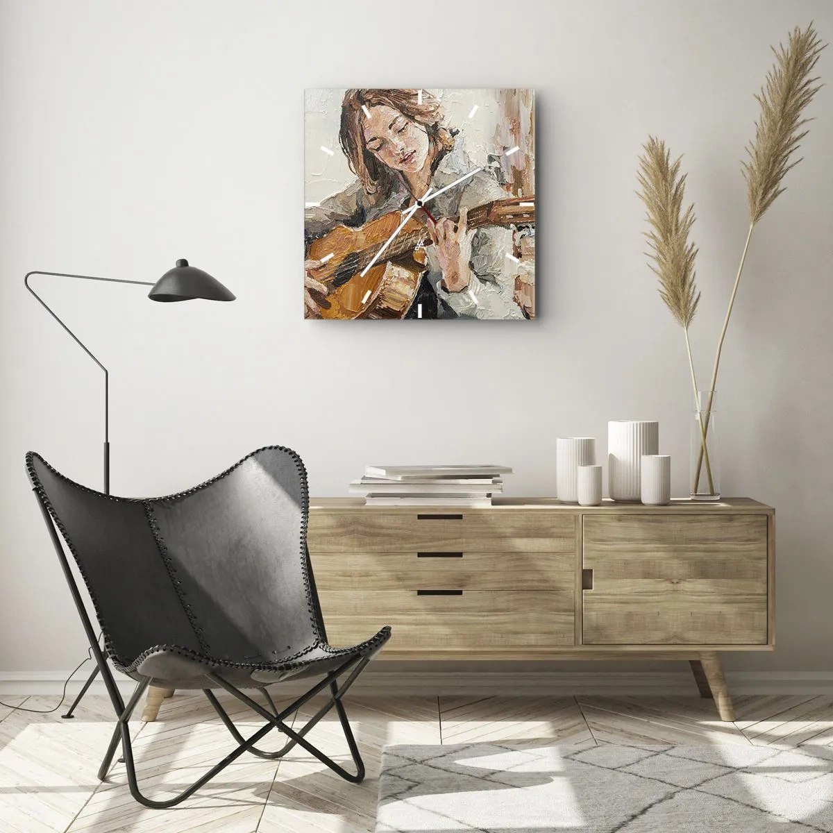 Relógio de parede - Relógio em vidro - Concerto de violão e coração de rapariga - 30x30 cm