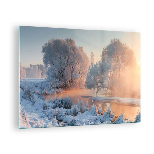 Quadro em vidro - Paisagem de inverno com um lago congelado e neblina matinal - 70x50cm - Tudo brilha como cristal ao sol - Decoração de parede moderna para a sala de estar e quarto ARTTOR