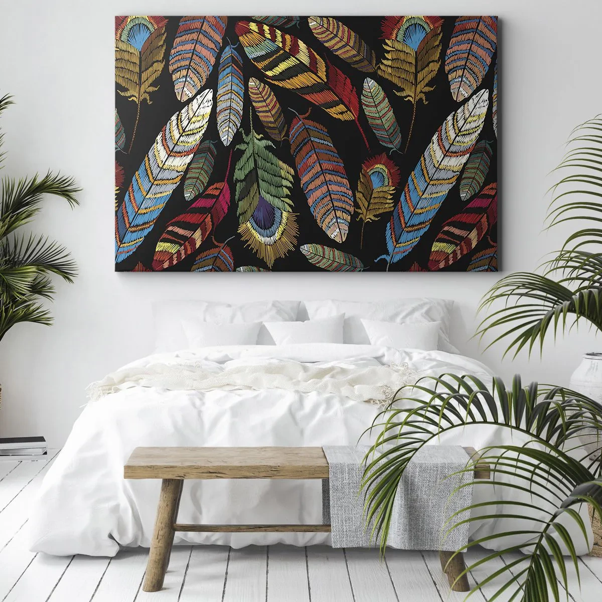 Quadro em tela - Penas coloridas em um fundo preto - 70x50cm - O carnaval dos pássaros - Decoração de parede moderna para a sala de estar e quarto ARTTOR