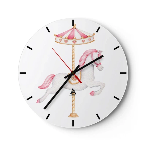 Relógio de parede - Relógio em vidro - Um cavalo de carrossel branco com uma sela rosa em um fundo branco - 30x30cm - Caiu no chão - Decoração de parede moderna para a sala de estar, cozinha e quarto ARTTOR