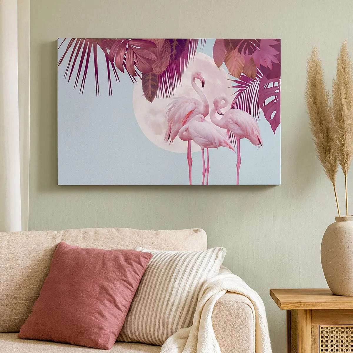 Quadro em tela - Flamingos cor-de-rosa contra o fundo da lua e folhas tropicais - 70x50cm - Três graças de pássaros - Decoração de parede moderna para a sala de estar e quarto ARTTOR