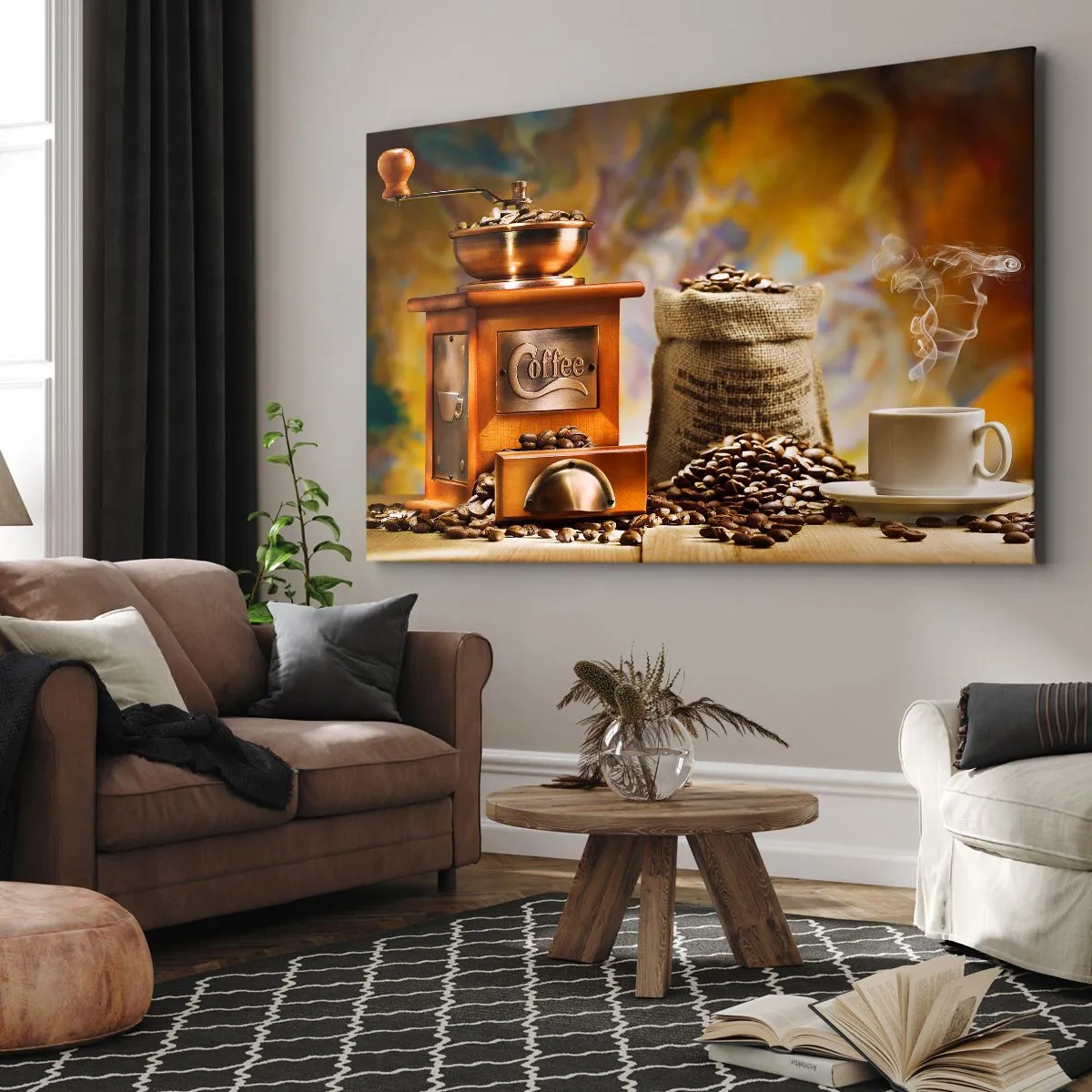 Quadro em tela - Moedor de café com grãos e uma xícara ao fundo - 70x50cm - A trituração do grão, o ruído do moedor - Decoração de parede moderna para a sala de estar e quarto ARTTOR
