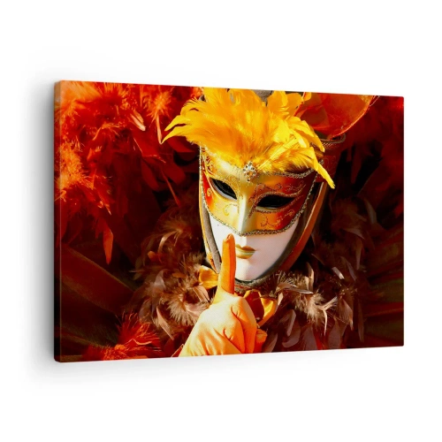 Quadro em tela - Máscara de carnaval em tons de dourado e laranja - 70x50cm - O mistério faz parte do jogo - Decoração de parede moderna para a sala de estar e quarto ARTTOR