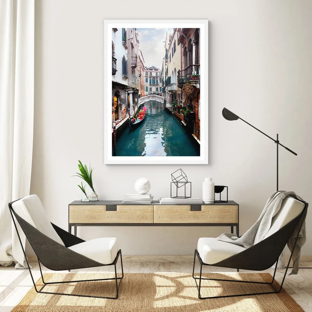Pôster em moldura branca - Paisagem veneziana com gôndola e ponte - 70x100 cm