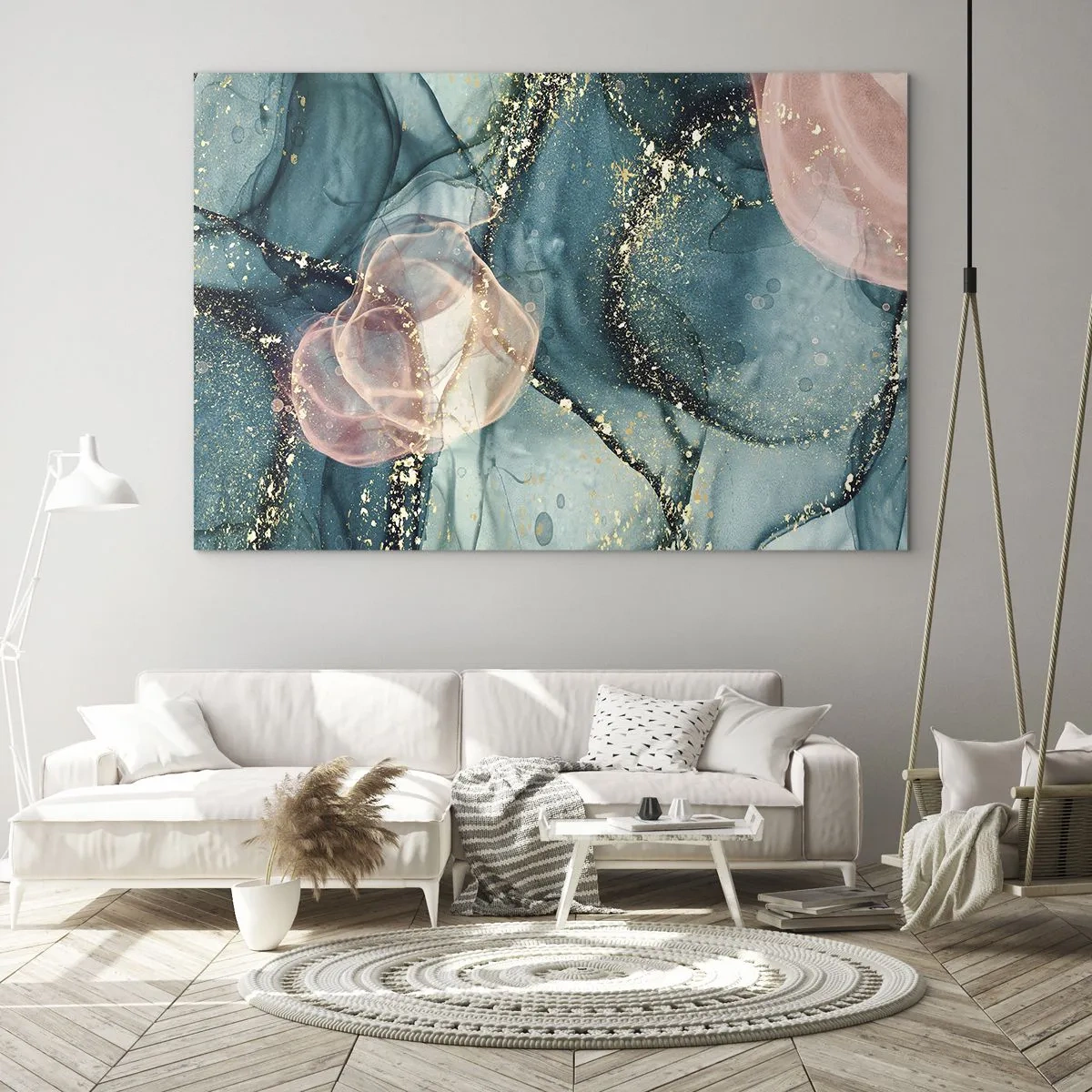 Quadro em vidro - Formas abstratas em azul e rosa com detalhes dourados - 70x50cm - Azul seda, rosa tule - Decoração de parede moderna para a sala de estar e quarto ARTTOR