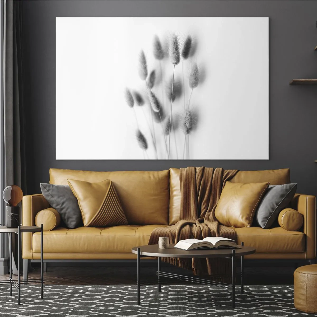 Quadro em vidro - Orelhas de grama pretas e brancas sobre fundo claro em estilo minimalista - 70x50cm - Grama fofa - Decoração de parede moderna para a sala de estar e quarto ARTTOR