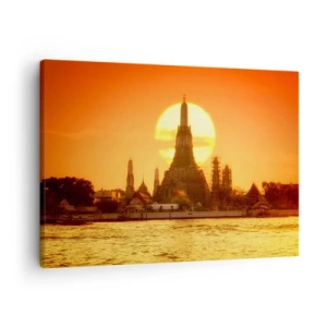 Quadro em tela - Pôr do sol sobre o templo com reflexo na água - 70x50cm - Rumo ao sol, sempre em direção ao sol - Decoração de parede moderna para a sala de estar e quarto ARTTOR
