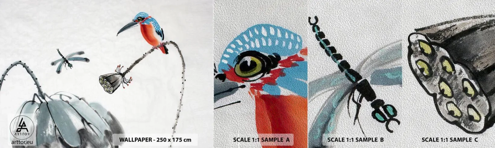 Amostra de papel de parede Premium Sand - A vida do prado - Abstração, Pássaro, Flor - 100x30 cm