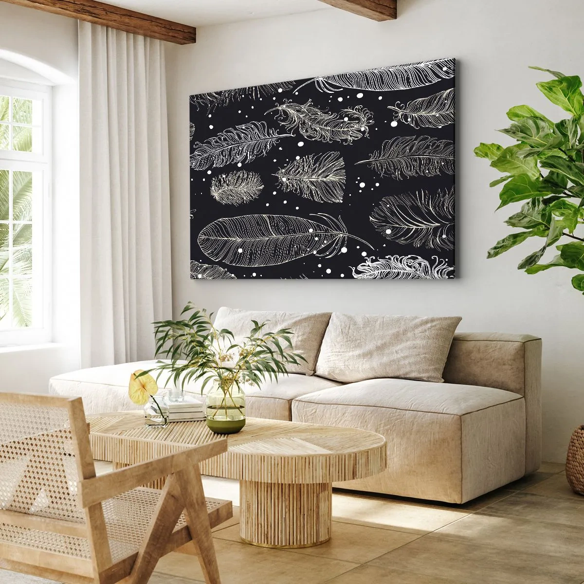 Quadro em tela - Penas brancas delicadas sobre fundo azul marinho - 70x50cm - Rendas de penas - Decoração de parede moderna para a sala de estar e quarto ARTTOR