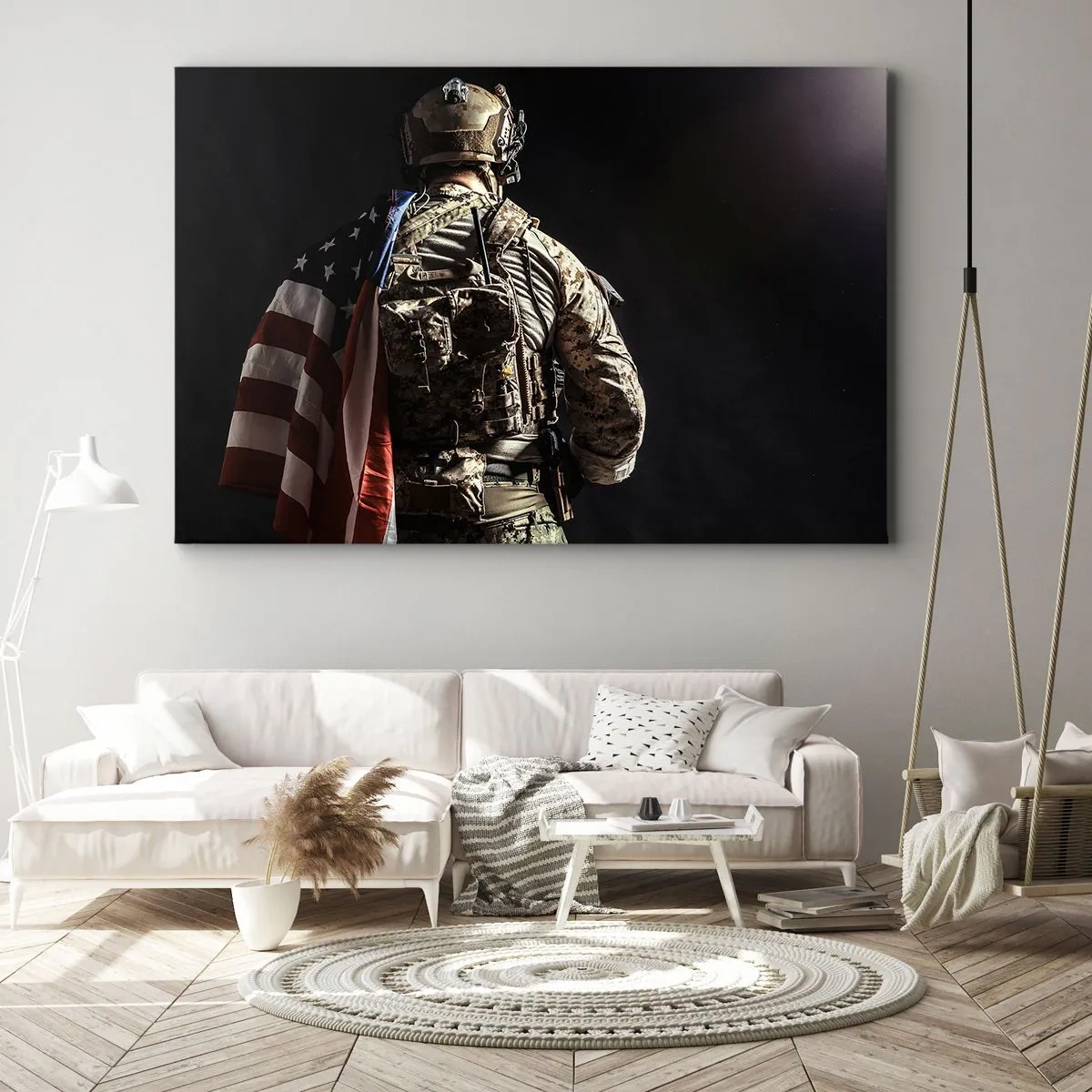 Quadro em tela - Um soldado uniformizado com uma bandeira contra um fundo escuro - 70x50cm - É por isso - Decoração de parede moderna para a sala de estar e quarto ARTTOR
