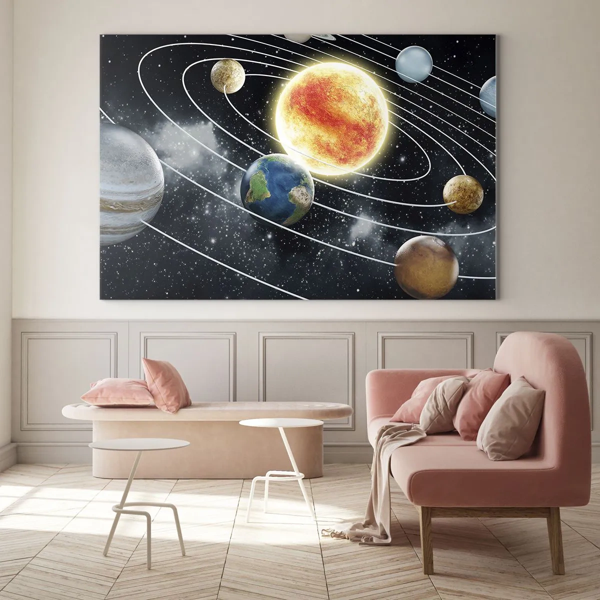 Quadro em vidro - O sistema solar com planetas e órbitas tendo como pano de fundo o espaço - 70x50cm - Dança espacial - Decoração de parede moderna para a sala de estar e quarto ARTTOR