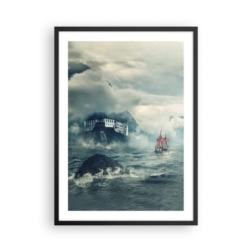 Pôster com moldura preta - Um navio em um mar tempestuoso perto de um castelo no nevoeiro - 50x70cm - Nas águas mágicas - Decoração de parede moderna para a sala de estar e quarto ARTTOR