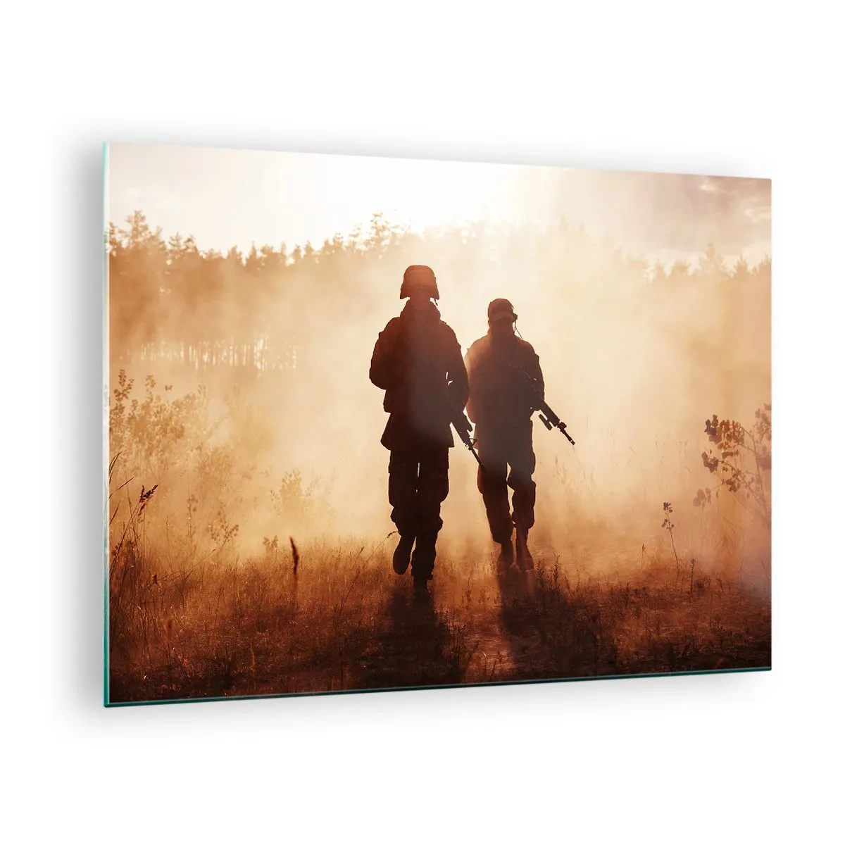 Quadro em vidro - Dois soldados em ação tendo como pano de fundo o pôr do sol - 70x50cm - Call of Duty - Decoração de parede moderna para a sala de estar e quarto ARTTOR