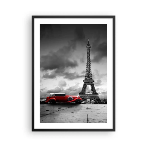 Pôster com moldura preta - Um carro vermelho em frente à Torre Eiffel em preto e branco - 50x70cm - Não há muito tempo atrás em Paris - Decoração de parede moderna para a sala de estar e quarto ARTTOR