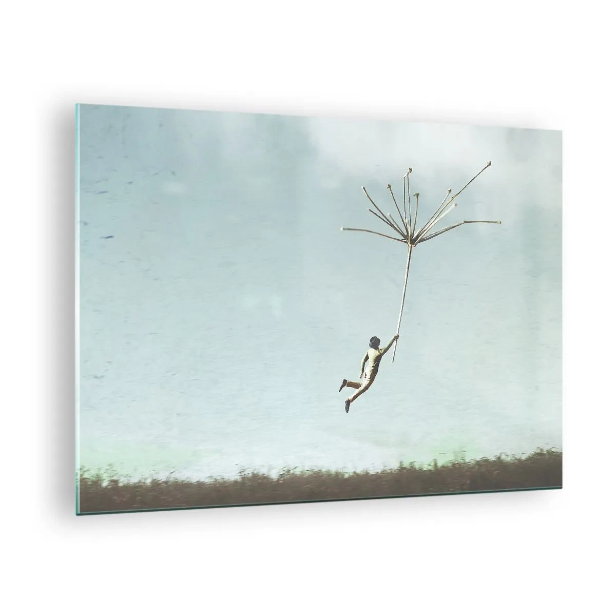 Quadro em vidro - Um menino voando com uma semente de dente-de-leão sobre um prado - 70x50cm - Papagaios, balões, vento - Decoração de parede moderna para a sala de estar e quarto ARTTOR