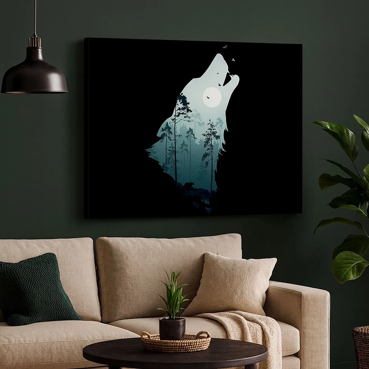 Quadro em tela - Silhueta de um lobo com uma floresta e a lua ao fundo - 70x50cm - A voz da noite da floresta - Decoração de parede moderna para a sala de estar e quarto ARTTOR