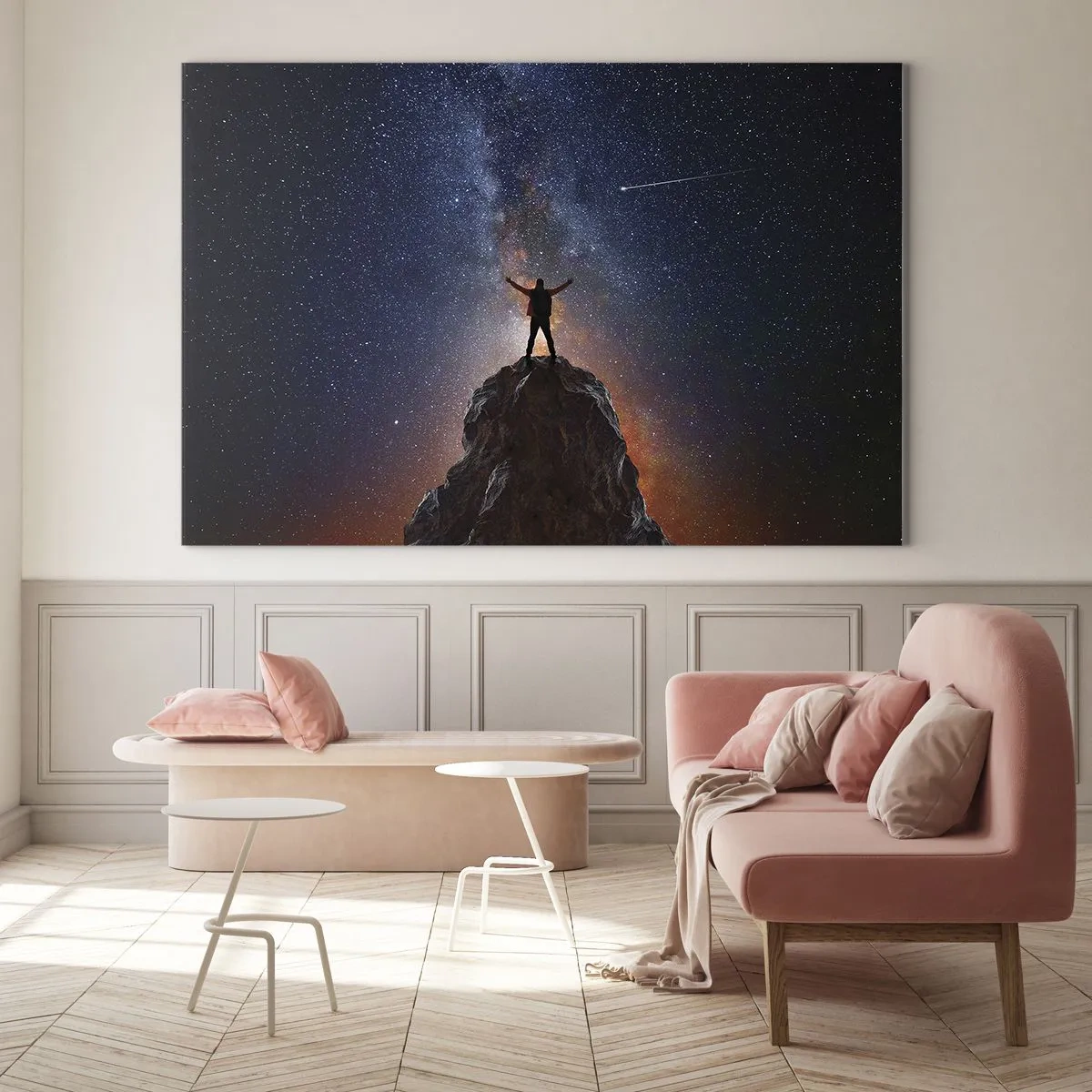 Quadro em vidro - Silhueta de um homem no topo de uma rocha sob um céu estrelado - 70x50cm - A força está comigo! - Decoração de parede moderna para a sala de estar e quarto ARTTOR