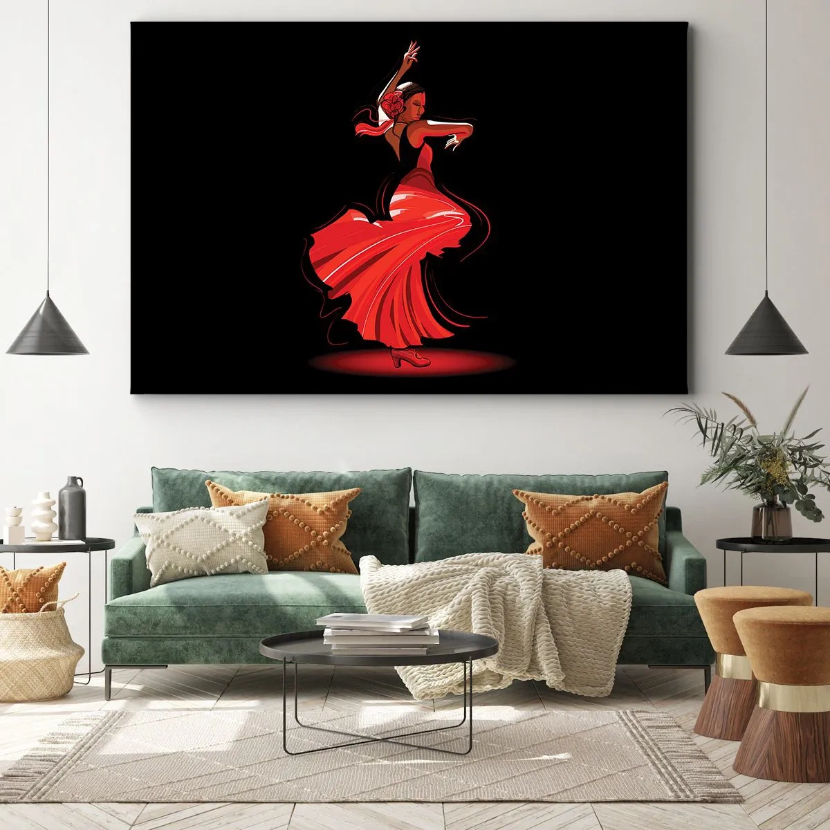 Quadro em tela - Dançarina de flamenco em um vestido vermelho sobre um fundo preto - 70x50cm - O espírito ardente do flamenco - Decoração de parede moderna para a sala de estar e quarto ARTTOR