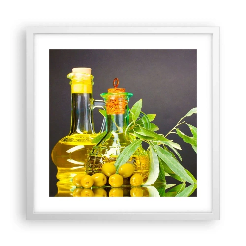Pôster em moldura branca - Natureza morta com azeitonas e azeite - 40x40 cm