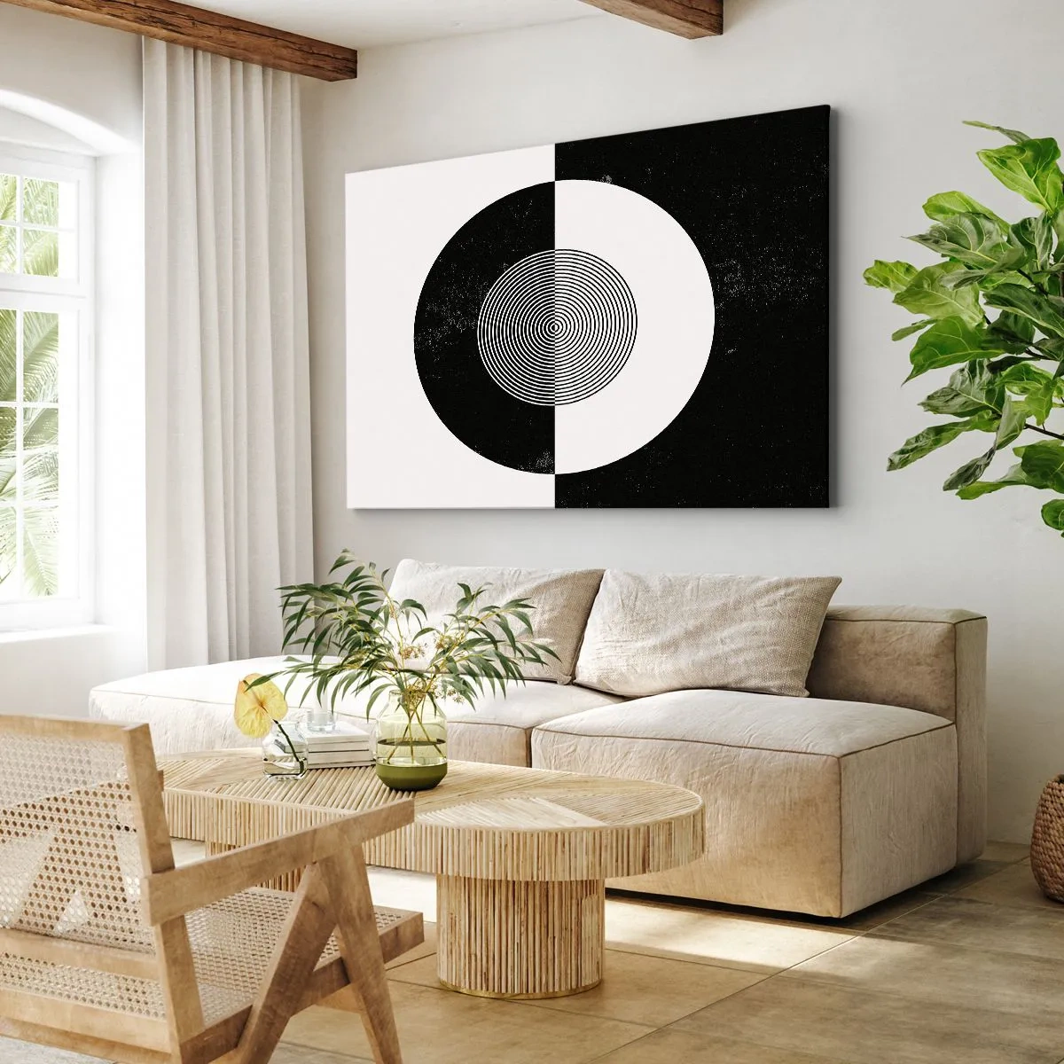 Quadro em tela - Padrão gráfico em contraste preto e branco - 70x50cm - Harmonia a preto e branco - Decoração de parede moderna para a sala de estar e quarto ARTTOR