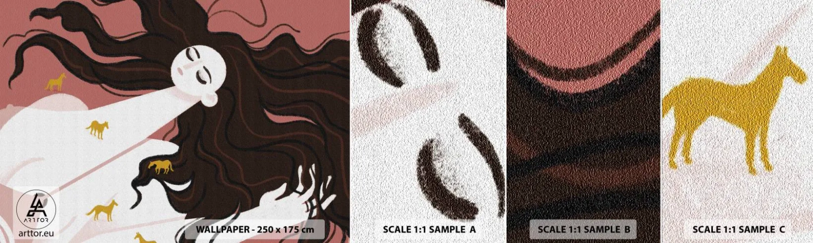 Amostra de papel de parede autocolante Deluxe Sticker - Sonho com um cavalo dourado - Mulher, Retrato, Minimalismo - 100x30 cm