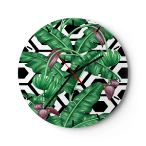 Relógio de parede - Relógio em vidro - Folhas de bananeira tropicais em um fundo geométrico - 30x30cm - Composição simétrica por natureza - Decoração de parede moderna para a sala de estar, cozinha e quarto ARTTOR