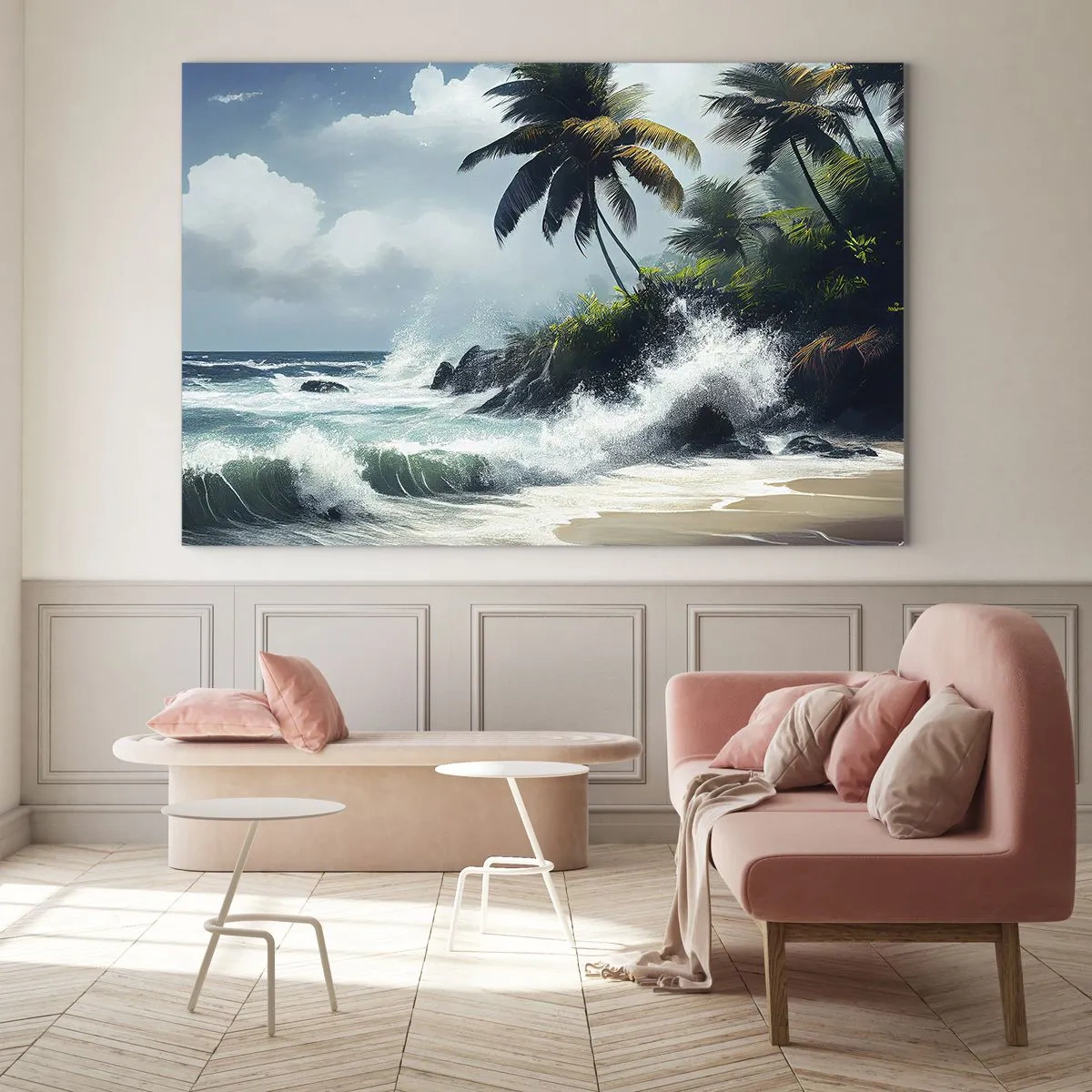 Quadro em vidro - Ondas quebrando contra as rochas perto das palmeiras em uma praia tropical - 70x50cm - Em uma costa tropical - Decoração de parede moderna para a sala de estar e quarto ARTTOR