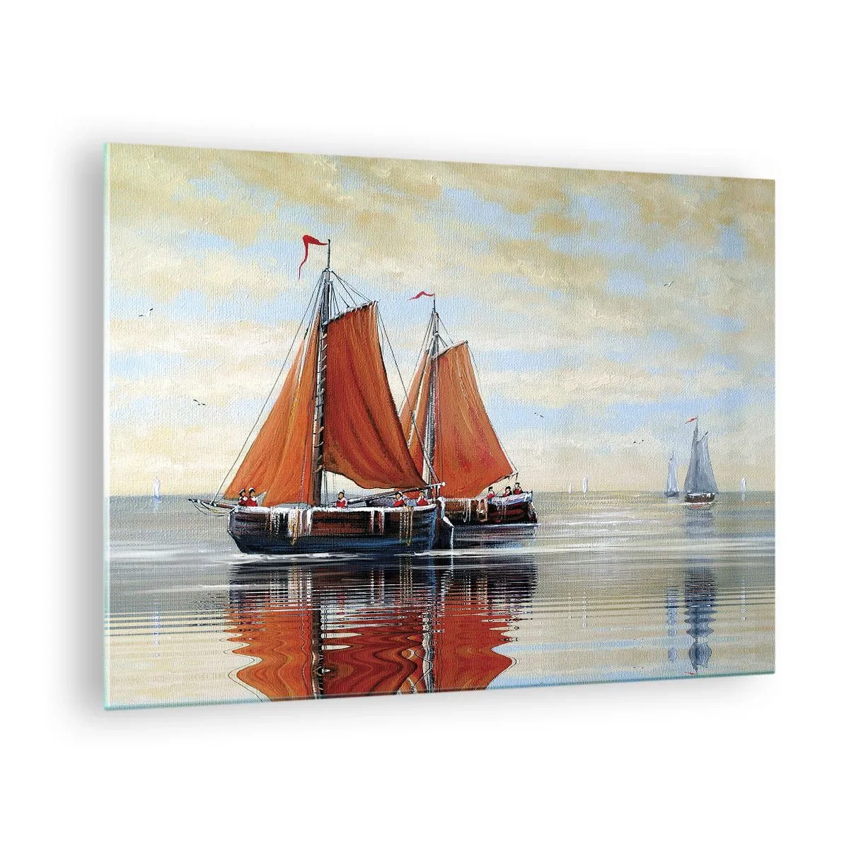 Quadro em vidro - Veleiros em mar calmo ao pôr do sol - 70x50cm - A velejar, marujo… - Decoração de parede moderna para a sala de estar e quarto ARTTOR