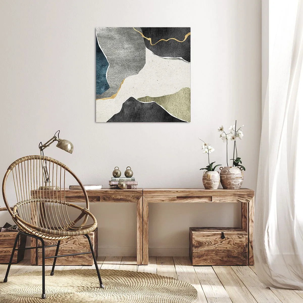 Quadro em tela - Composição de mosaico com fio de ouro - 70x70 cm