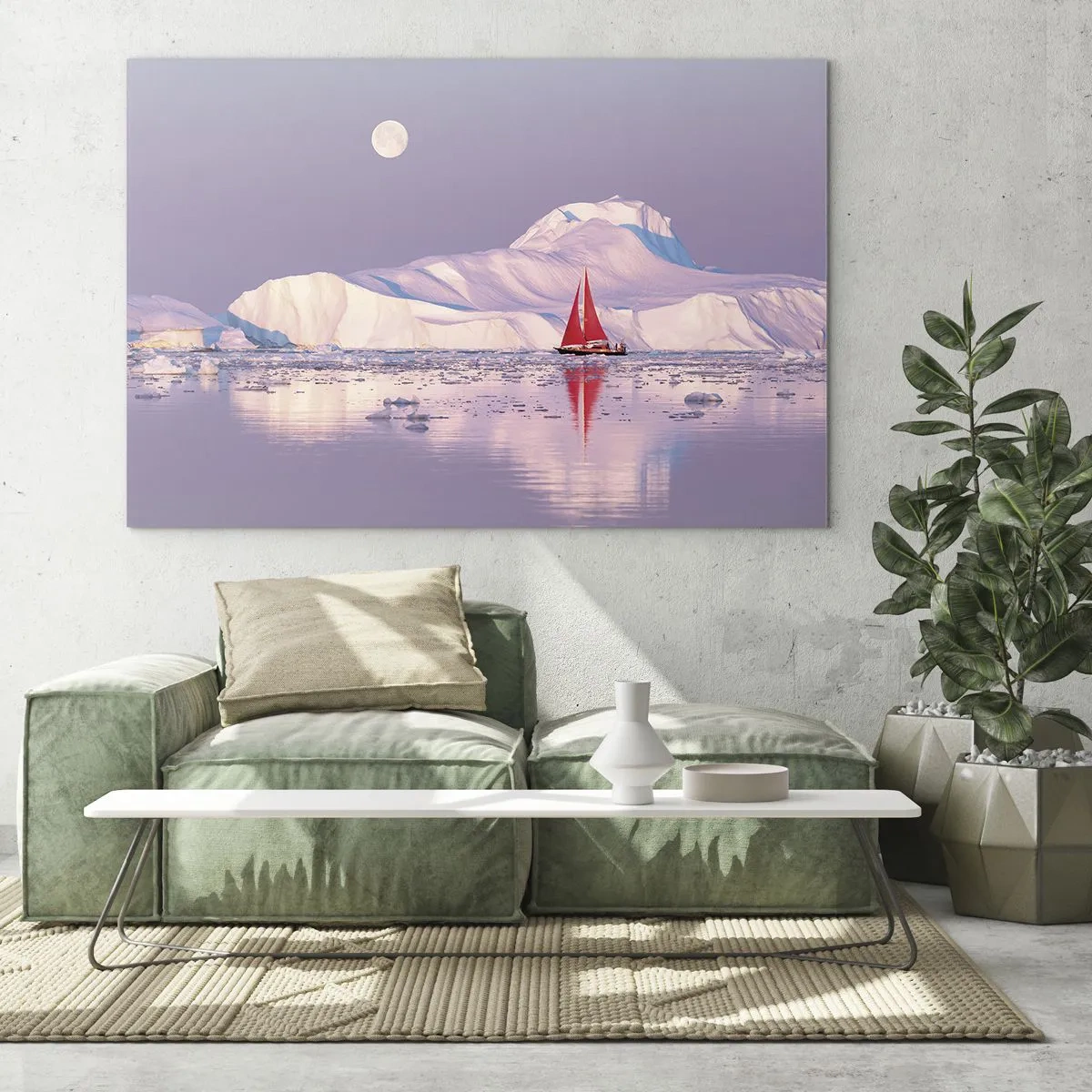 Quadro em vidro - Um veleiro com o cenário de geleiras ao luar - 70x50cm - O calor da vela, a frieza do gelo - Decoração de parede moderna para a sala de estar e quarto ARTTOR
