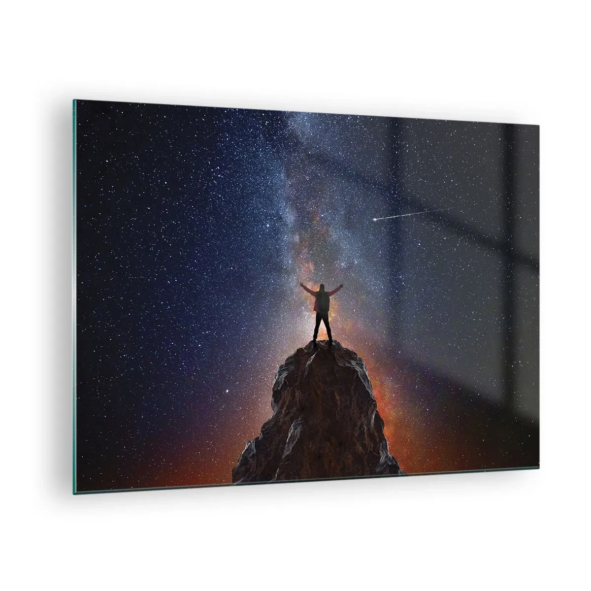 Quadro em vidro - Silhueta de um homem no topo de uma rocha sob um céu estrelado - 70x50cm - A força está comigo! - Decoração de parede moderna para a sala de estar e quarto ARTTOR