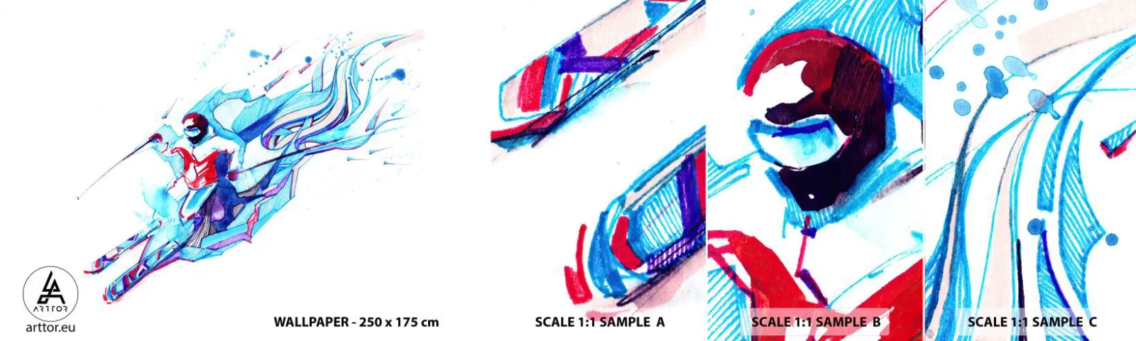 Amostra de Papel de Parede Standard Eco - A corrida louca pela alegria - Abstração, Esquis, Esquiador - 100x30 cm