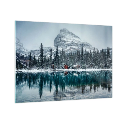 Quadro em vidro - Paisagem de inverno com montanhas, florestas e chalés à beira do lago - 70x50cm - Retiro canadense - Decoração de parede moderna para a sala de estar e quarto ARTTOR