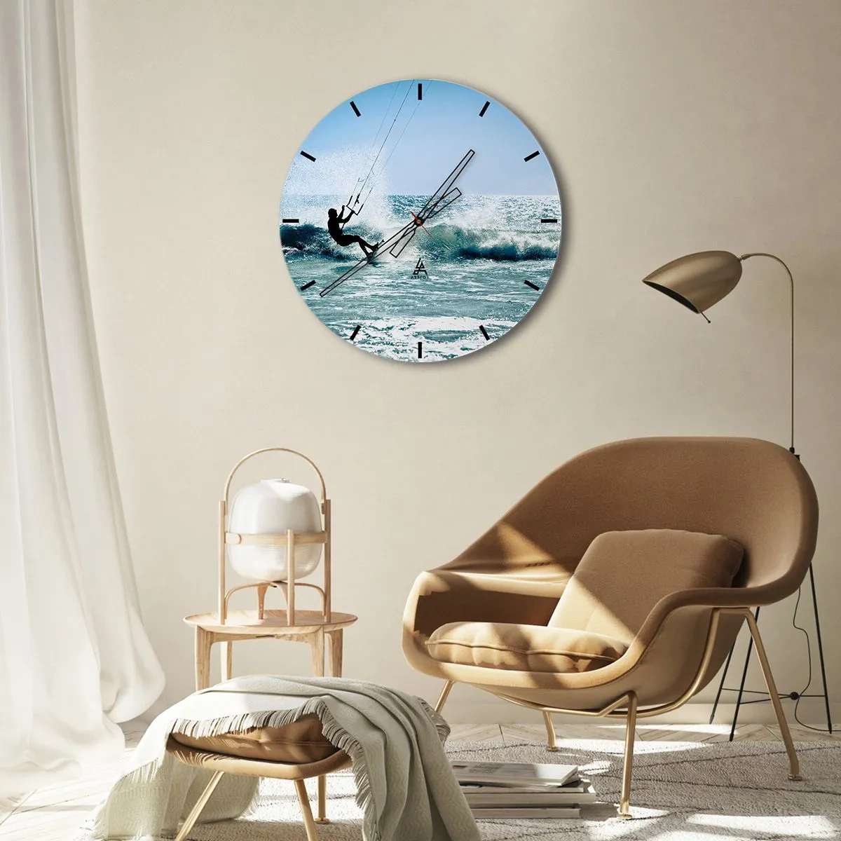 Relógio de parede - Relógio em vidro - Kitesurfista surfando uma onda em um dia ensolarado à beira-mar - 30x30cm - Deixe-se levar - Decoração de parede moderna para a sala de estar, cozinha e quarto ARTTOR