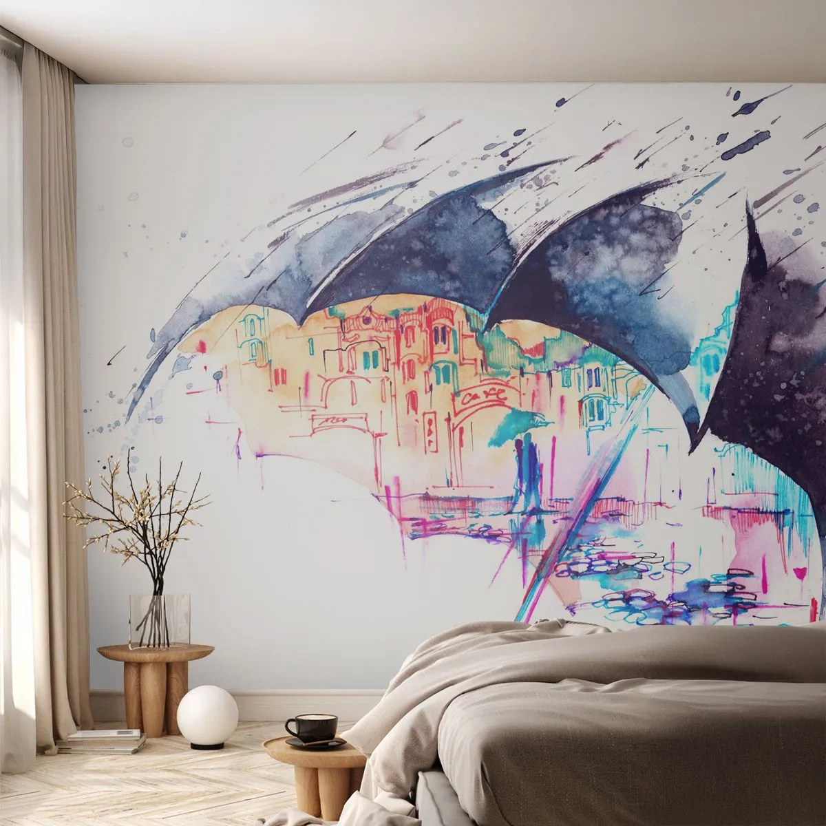 Papel de Parede Autocolante Deluxe Sticker - Passeio na chuva - Abstração, Guarda-chuva, Arquitetura - 100x70 cm