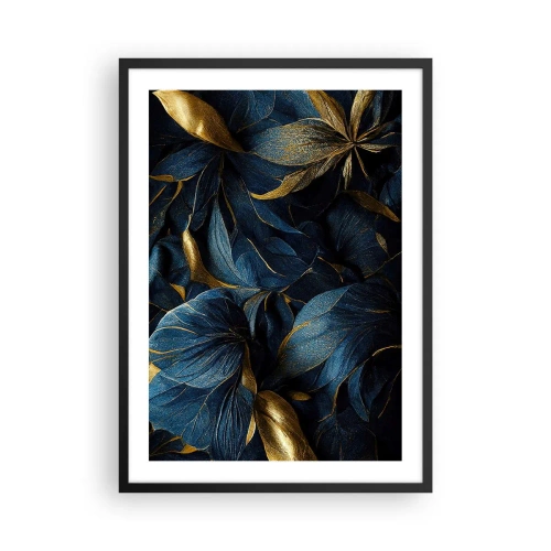 Pôster com moldura preta - Folhas douradas sobre um fundo azul marinho profundo - 50x70cm - Forrado com ouro - Decoração de parede moderna para a sala de estar e quarto ARTTOR